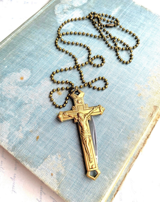 Crucifix Cross Necklace Folding Pocket Knife Religious Pendant Goth