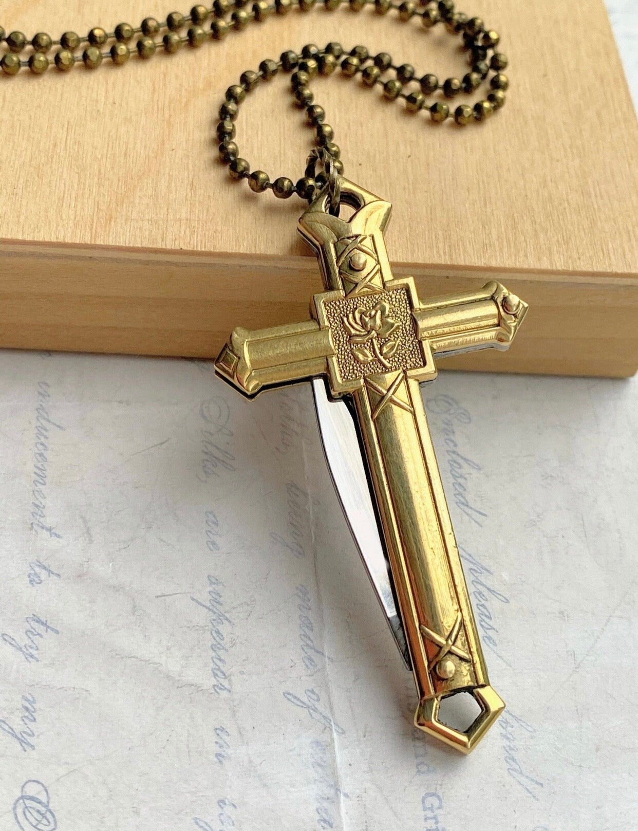 Crucifix Cross Necklace Folding Pocket Knife Religious Pendant Goth