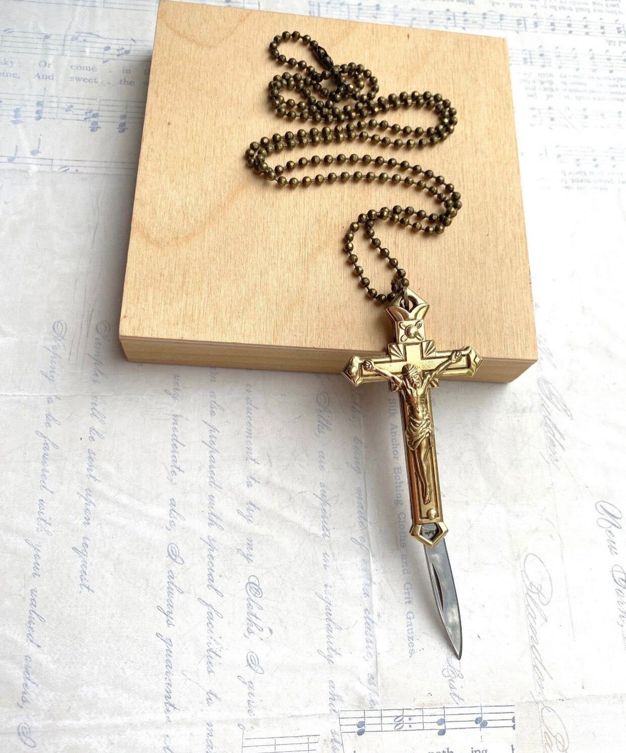 Crucifix Cross Necklace Folding Pocket Knife Religious Pendant Goth