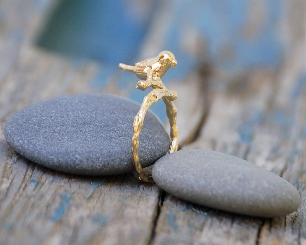 Gold Bird Ring Bird on Branch Ring Woodland Wedding