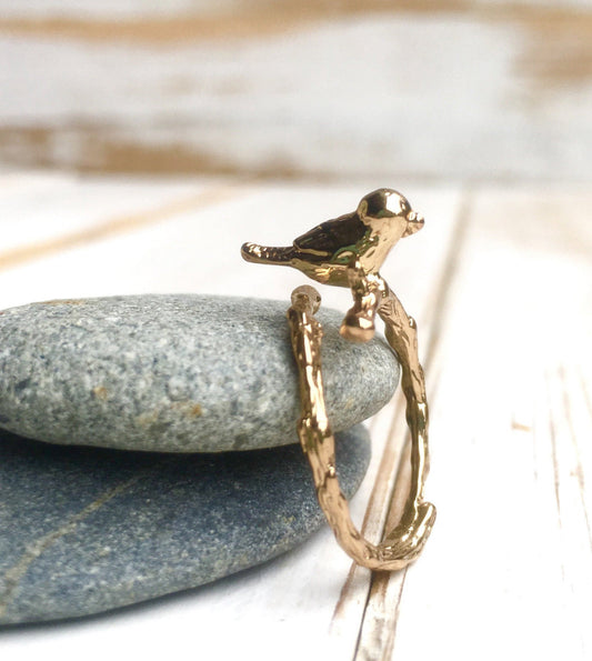 Gold Bird Ring Bird on Branch Ring Woodland Wedding