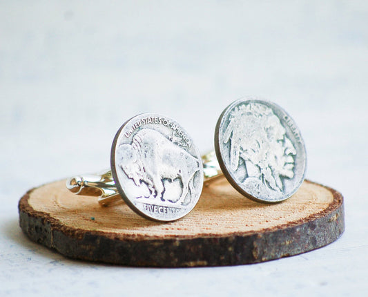 Buffalo Cuff Links Indian Head Vintage USA Nickel Rustic