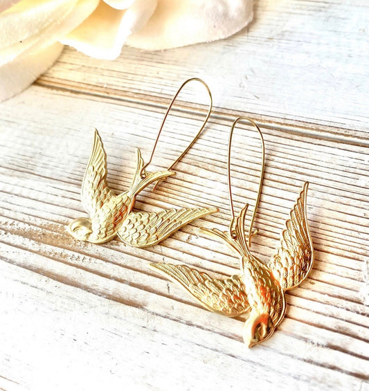 Gold Bird Earrings Flying Sparrow Garden Wedding