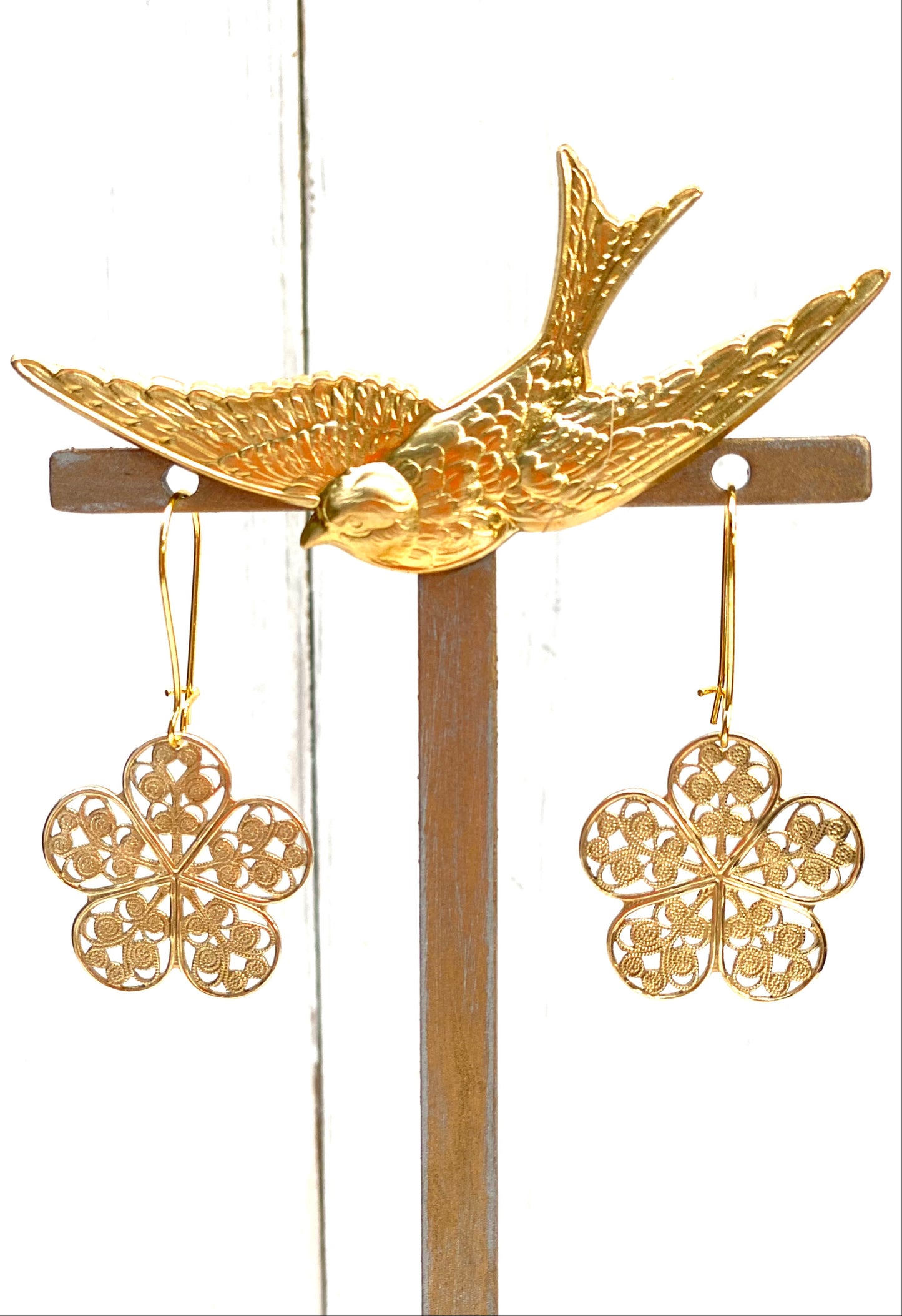 Flower Earrings Gold Brass Filigree Bohemian Flowers