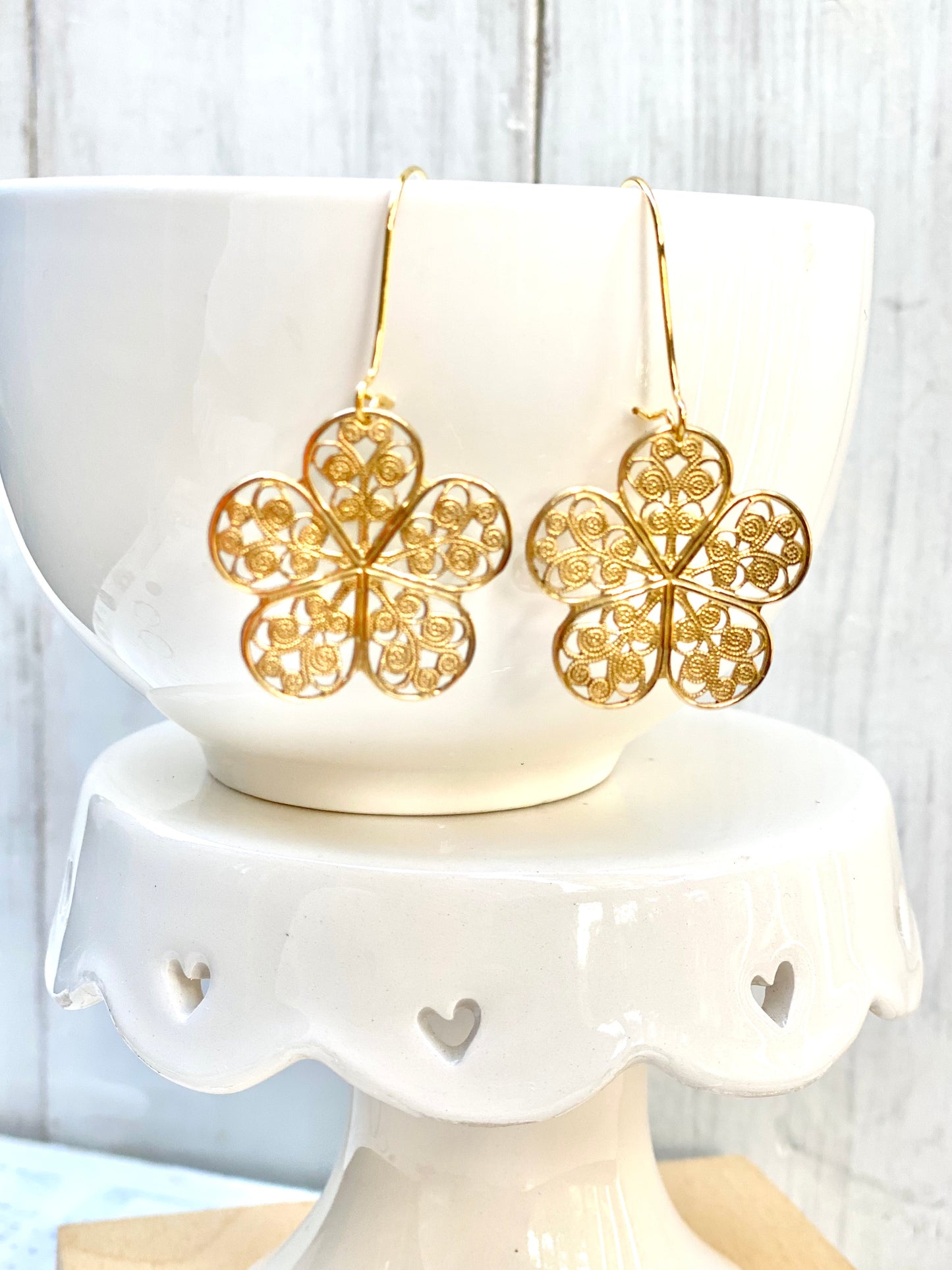 Flower Earrings Gold Brass Filigree Bohemian Flowers