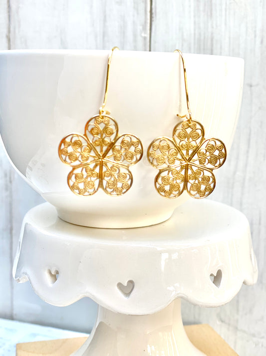 Flower Earrings Gold Brass Filigree Bohemian Flowers