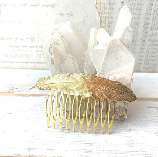 Gold Feather Hair Comb Woodland Wedding