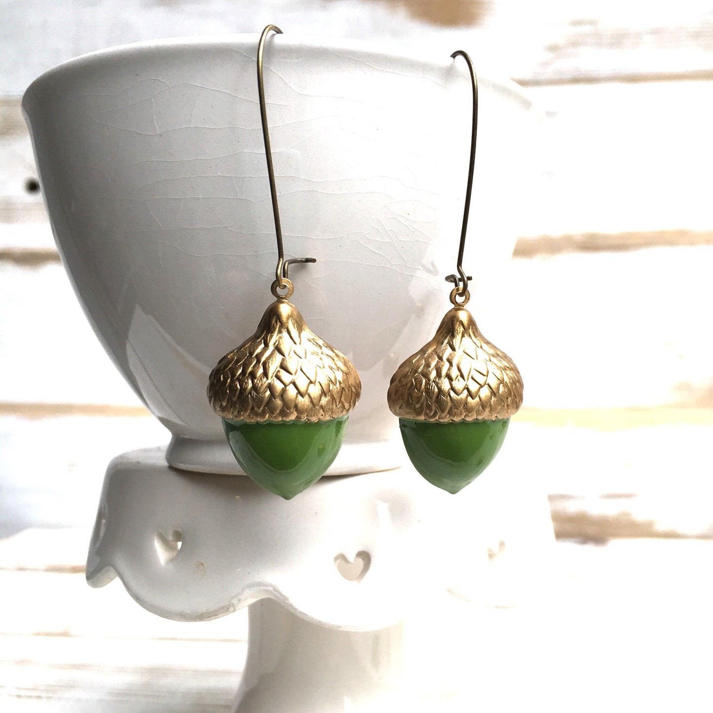 Acorn Earrings Green Gold Acorns Woodland