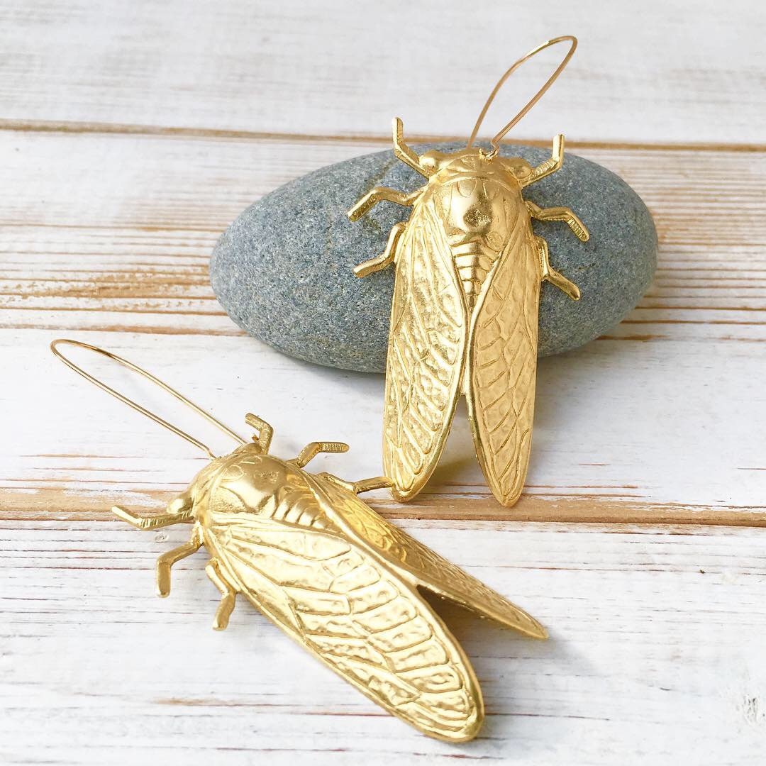 Cicada Earrings Big Gold Beetle Earrings