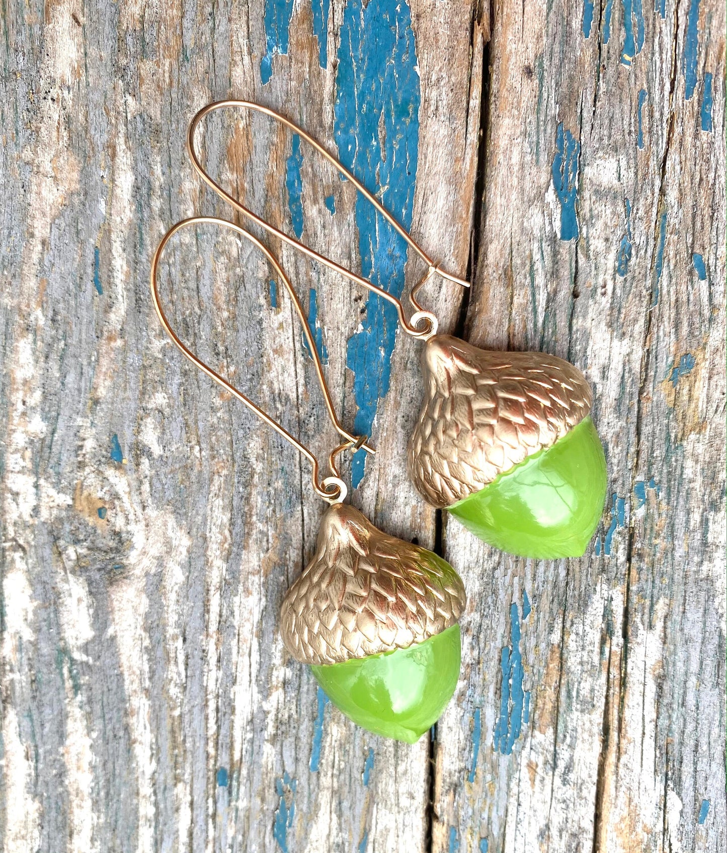 Acorn Earrings Green Gold Acorns Woodland