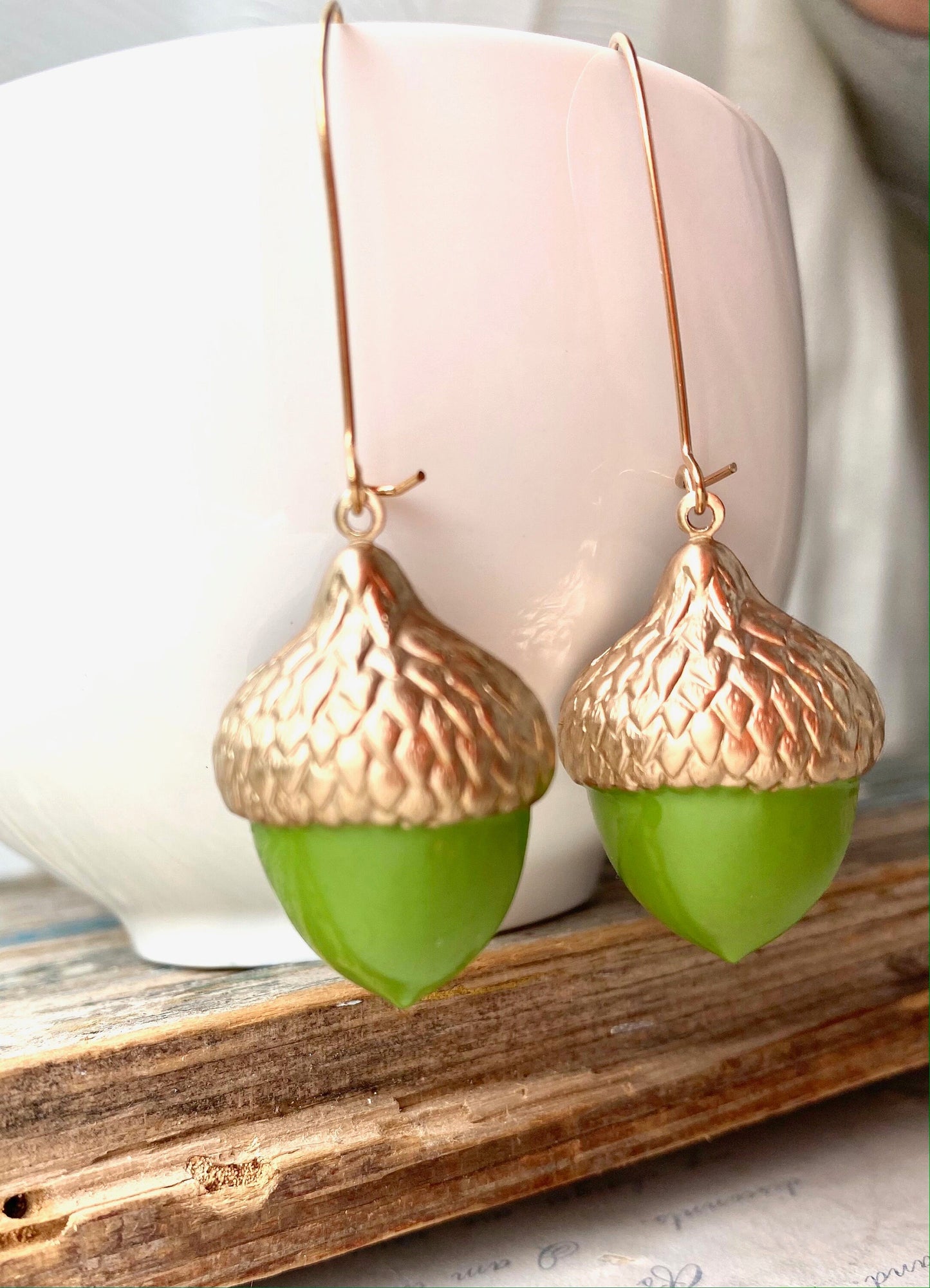 Acorn Earrings Green Gold Acorns Woodland