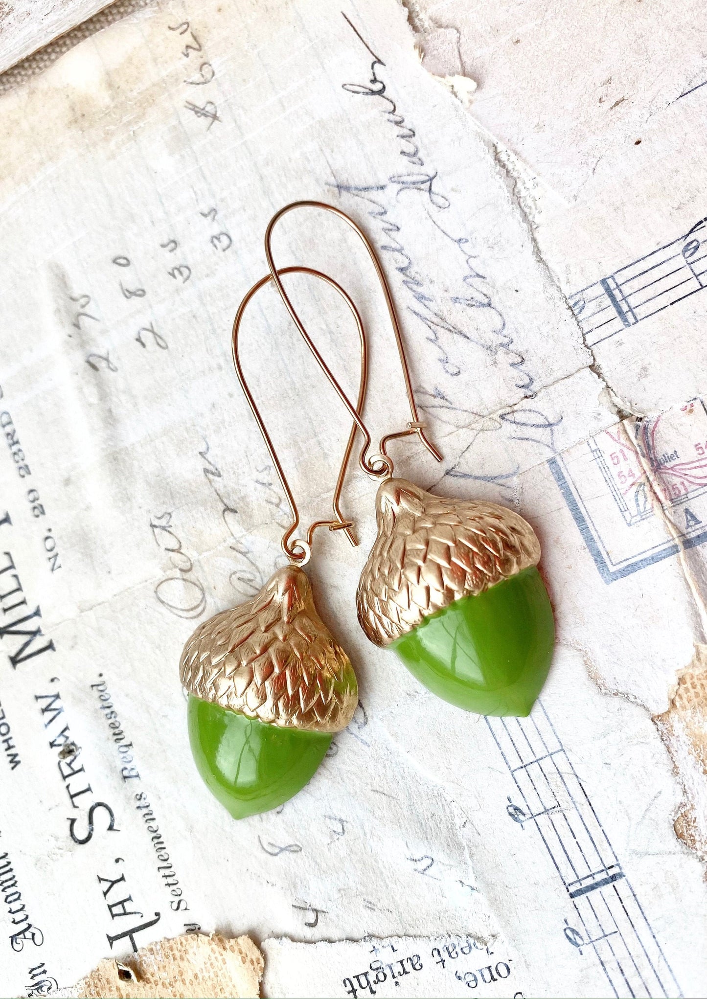 Acorn Earrings Green Gold Acorns Woodland