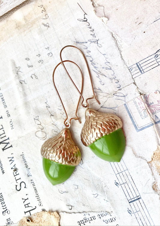 Acorn Earrings Green Gold Acorns Woodland