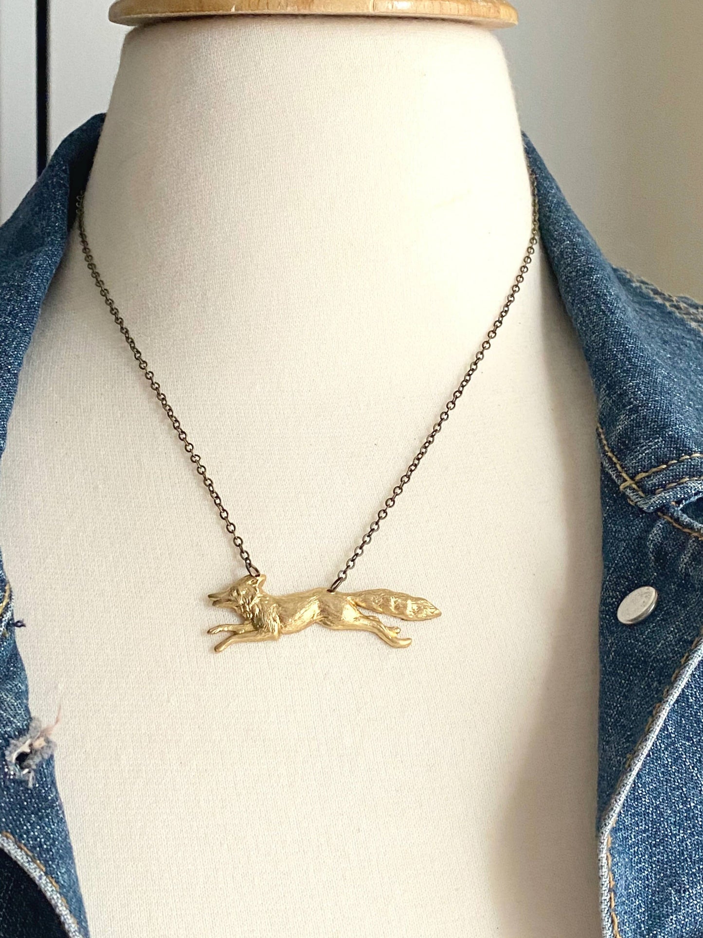 Fox Necklace Gold Wolf Pendant Woodland Forest Fox Running Dog