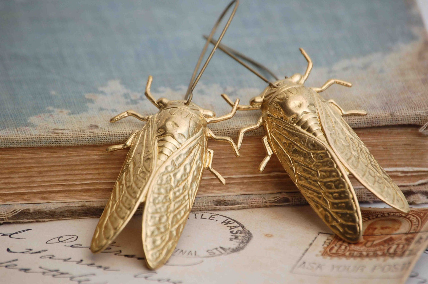Big Gold Beetle Earrings Cicada Victorian Insect Entomologist
