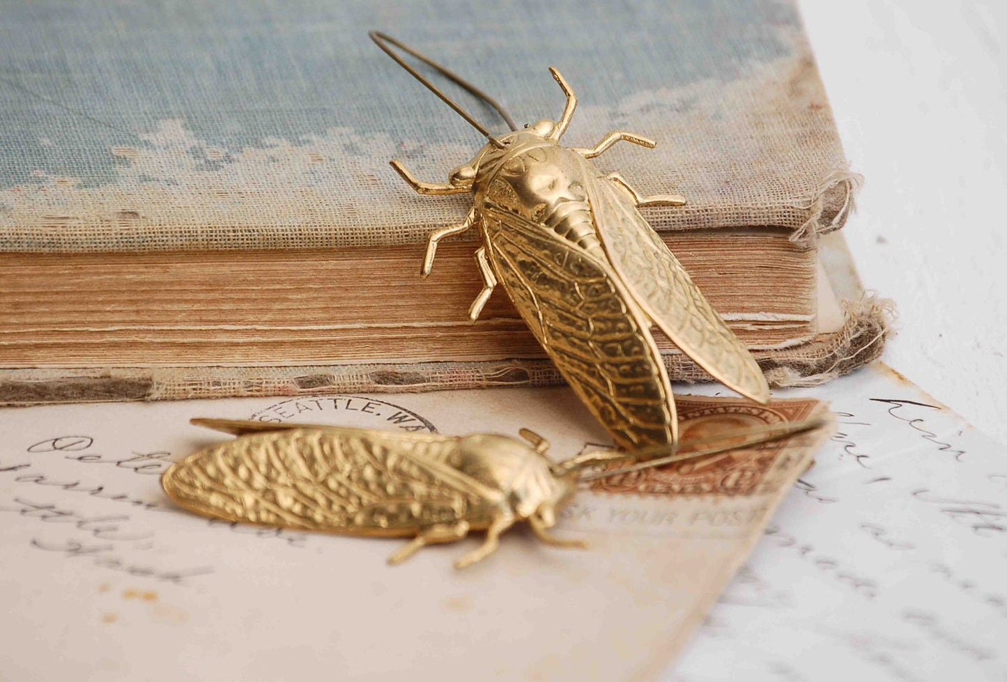 Big Gold Beetle Earrings Cicada Victorian Insect Entomologist