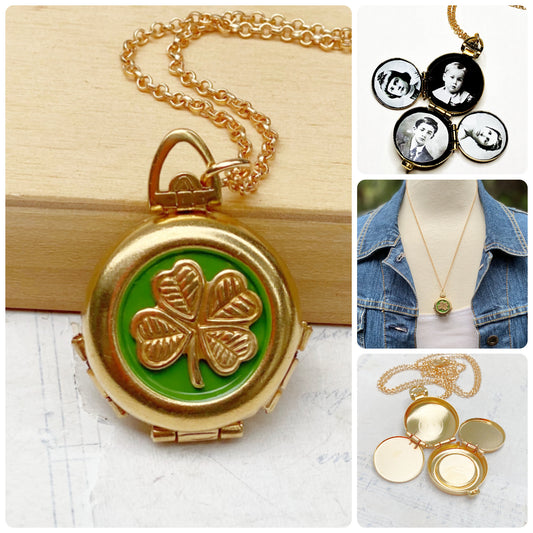 Four Leaf Clover Locket Necklace Photo Locket Lucky Charm Green Irish