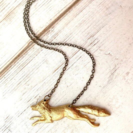 Fox Necklace Gold Wolf Pendant Woodland Forest Fox Running Dog
